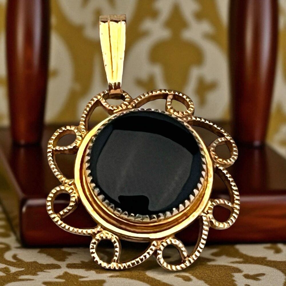Vintage 1950s Black Onyx Filigree Pendant Gold Filled Scroll Mid Century - 7S